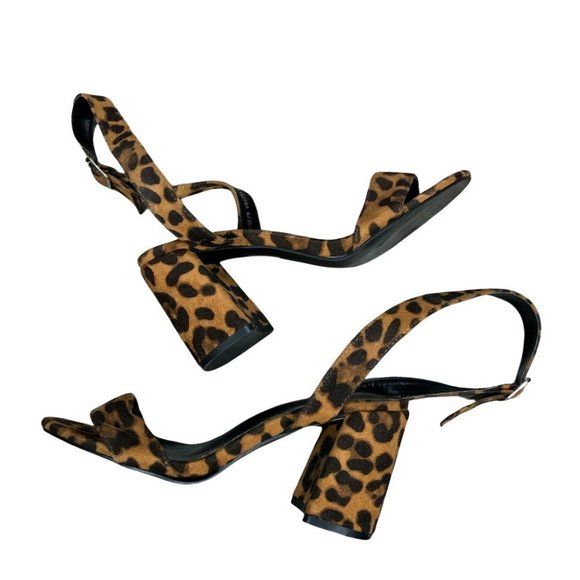 Boohoo Block Heel Leopard Print Sandals Wrap Ankle Size 8 Open Toe Brown Black - Picture 1 of 12
